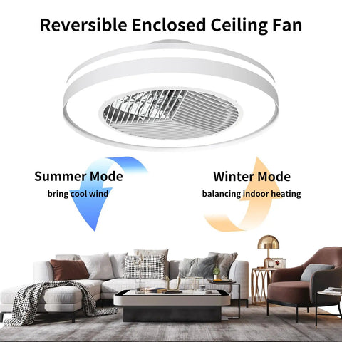 Bladeless 20 Inch Ceiling Fan With Lights Remote Control Dimmable Lighting Semi Flush Mount Enclosed Design Matte White in living room