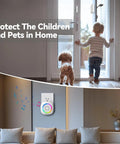 Wireless Door Chime Sensor Alert With 1000 Ft Range, 61 Melodies, 5 Volume Levels, RGB LED Light, Instant Door Open Notifications For Home Office Store, Perfect For Kids Seniors And Dementia Care. Door sensor on wall, child and dog at open entry.