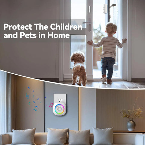 Wireless Door Chime Sensor Alert With 1000 Ft Range, 61 Melodies, 5 Volume Levels, RGB LED Light, Instant Door Open Notifications For Home Office Store, Perfect For Kids Seniors And Dementia Care. Door sensor on wall, child and dog at open entry.