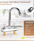 Commercial Bar Sink Faucet With Four Inch Center Deck Mount And Three And A Half Inch Gooseneck Swivel Spout, Two Hole Brass Construction Chrome Polished Finish With Dual Lever Handles Built To Last And Easy Control displayed with measurements.