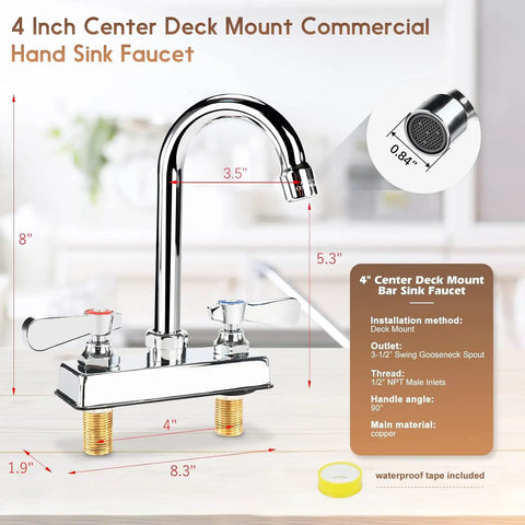 Commercial Bar Sink Faucet With Four Inch Center Deck Mount And Three And A Half Inch Gooseneck Swivel Spout, Two Hole Brass Construction Chrome Polished Finish With Dual Lever Handles Built To Last And Easy Control displayed with measurements.