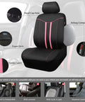 Waterproof Car Seat Covers Full Set With Anti Slip Leather Steering Wheel Cover And Floor Mats Universal Fit For SUVs Vans Trucks Sedans And Cars Women Girls Black And Pink Combo Style shown installed on front car seat with airbag compatibility and elastic fabric