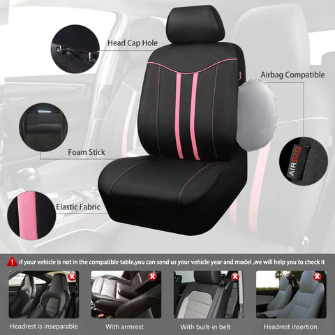Waterproof Car Seat Covers Full Set With Anti Slip Leather Steering Wheel Cover And Floor Mats Universal Fit For SUVs Vans Trucks Sedans And Cars Women Girls Black And Pink Combo Style shown installed on front car seat with airbag compatibility and elastic fabric