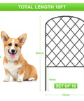 10 Pack Decorative Garden Fence Panels, 24 Inch High, 10 Feet Long When Connected, Rustproof Metal Wire Border, next to a dog