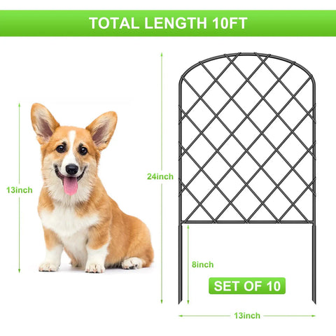 10 Pack Decorative Garden Fence Panels, 24 Inch High, 10 Feet Long When Connected, Rustproof Metal Wire Border, next to a dog