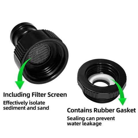 Garden Hose Quick Connect Kit Two Pack With Five Sixteenth Inch Single Port Connectors Faucet Adapters And Pipe Plugs Drip Irrigation Parts Fits Three Quarter And One Half Inch Faucets Easy No Fuss Outdoor Watering shown with filter screen and rubber gasket