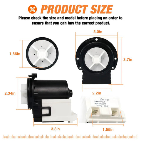 Top Shelf Washer Drain Pump Motor Replacement For LG And Kenmore Front Load Washers Model 4681Ea2001T with size details.