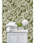 Top Notch Type II Professional Tropical Jungle Wallpaper Featuring Hella Durable Matte Finish and Subtle Linen Texture on wall with towels.