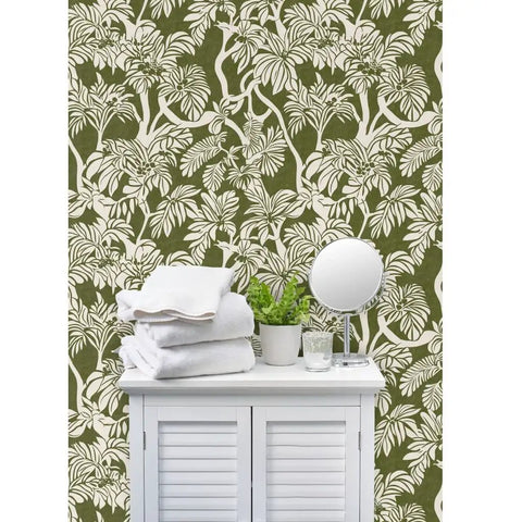 Top Notch Type II Professional Tropical Jungle Wallpaper Featuring Hella Durable Matte Finish and Subtle Linen Texture on wall with towels.