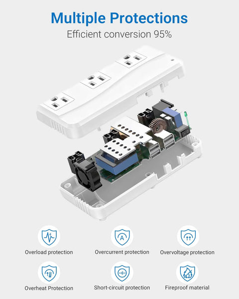 Travel Voltage Converter 220V To 110V With 4 USB Ports, internal view showing safety features and multiple protection systems.