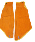 Heavy Duty Leather Flame Sleeves For Welders And Mechanics, orange leather arm guards with fireproof stitching.