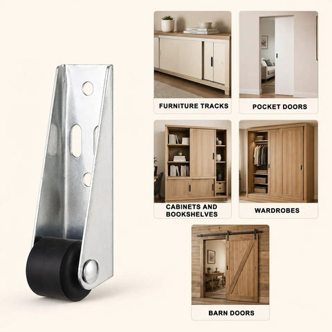 Eight Tough Little Casters With Slick Rolling Track Rollers For Sliding Doors And Furniture Fix Ups Includes Stainless Steel Bottom Wheels and Solid Hardware close-up, showing durability and design.