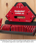 Heavy Duty Cast Aluminum Router Corner Jig And Chamfer Template Set With Six Precise Guides and Wall Mount Rack for easy access.