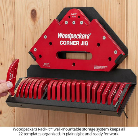 Heavy Duty Cast Aluminum Router Corner Jig And Chamfer Template Set With Six Precise Guides and Wall Mount Rack for easy access.