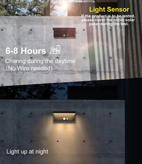 Day and night view of Solar Powered Outdoor Wall Light With Motion Sensor, 3 Lighting Modes, 600 Lumen Brightness, Warm White 3000K