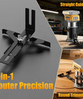 Powerful Brushless Cordless Router For Woodworking with aluminum base, shown with 2-in-1 guide for precision edge trimming.