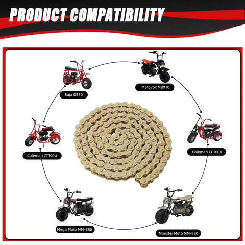 KAMIER #35 drive chain, gold, 140 links with chain breaker tool; center-stage with mini bike compatibility diagram.