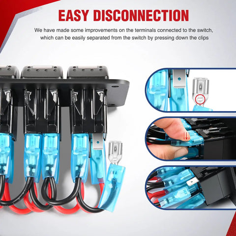 Close-up of 12V LED Light Bar Wiring Harness Kit With 4 Gang On Off Rocker Switch Panel showing easy disconnection features.