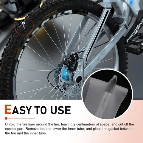 Two Pack Bicycle Tire Liners With Anti Puncture Protection And Anti Burst Shield installation on 29 inch bike tire, close-up