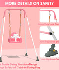 3-In-1 Toddler Swing Set With Metal Stand For Indoor Outdoor Use, showing safety features in pink and white, freestanding frame.