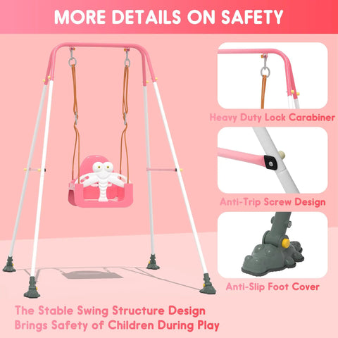 3-In-1 Toddler Swing Set With Metal Stand For Indoor Outdoor Use, showing safety features in pink and white, freestanding frame.