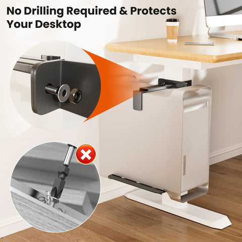 Installation detail of Rock Solid Under Desk PC Mount Bracket With No Drill Hardware And Fifty Pound Capacity For Standard Table Legs.