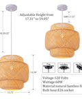 Handwoven Bamboo Pendant Light For Boho Farmhouse Vibe, 15.75 Inch Rattan Hanging Lamp dimensions and material details