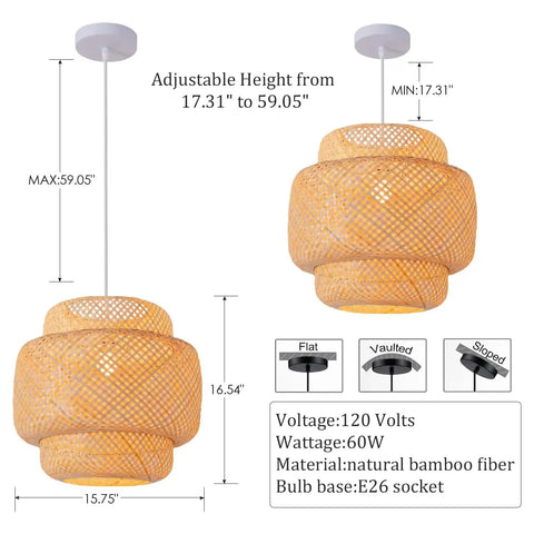 Handwoven Bamboo Pendant Light For Boho Farmhouse Vibe, 15.75 Inch Rattan Hanging Lamp dimensions and material details