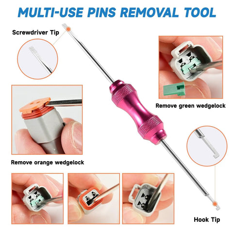 371 Piece Deutsch DT Connector Kit With Waterproof Automotive Electrical Connectors 2 To 12 Pin Includes Crimping Tool Removal Tool Wedge Locks And 16 Gauge Solid Contacts shown with pink removal tool and connectors