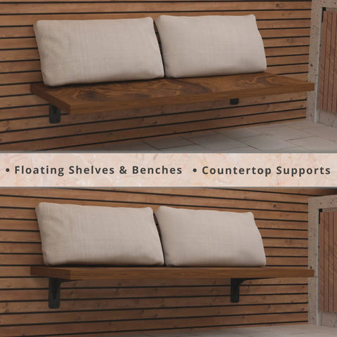 Gladiator Series Low Profile Heavy Duty Shelf Brackets 500 Lb Capacity Hidden Welds for granite countertops, supporting wooden bench.