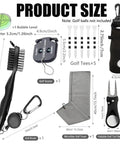 All In One Golf Accessories Kit with bag hook, tees, towel, cleaner brush, ball marker, divot tool, score counter, groove cleaner.