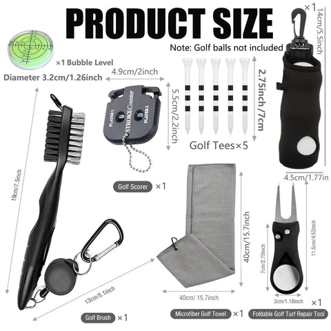 All In One Golf Accessories Kit with bag hook, tees, towel, cleaner brush, ball marker, divot tool, score counter, groove cleaner.
