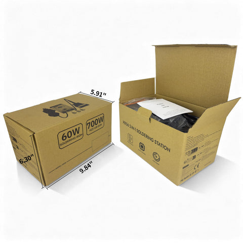 Open packaging box of 60W Soldering Station With Fast Heat Iron, showing contents and dimensions in brown cardboard.