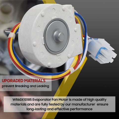 Drop In Evaporator Fan Motor WR60X10185 for GE and Hotpoint Refrigerators, 9.75V DC, 4 wires, 6 pin plug, close-up view