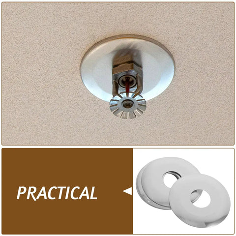 Pro Grade Ten Piece Fire Sprinkler Escutcheon Covers mounted on ceiling with polished stainless steel finish and twin disc design.