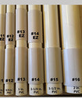 Various PVC pipe sizes from 1/2 inch to 2 inch displayed in a row with labels; suitable for DIY and construction projects.