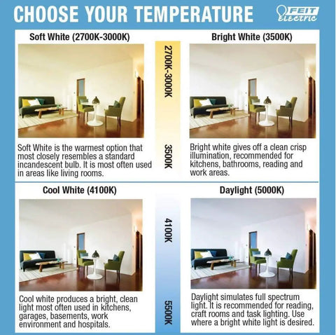 Image comparing color temperatures, including 5000K daylight option for LED Light Bulb A19 60W Equivalent 5000K Daylight Dimmable 800 Lumens.