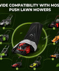 Badass Heavy Duty Waterproof Push Lawn Mower Cover Universal Fit with multiple mower models shown under protection