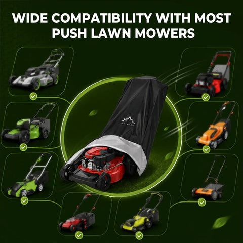 Badass Heavy Duty Waterproof Push Lawn Mower Cover Universal Fit with multiple mower models shown under protection
