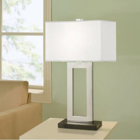 Geometric Contemporary Table Lamp With Chrome And Black Contrast Finish 29 Inch Tall Rectangular White Hardback Shade Matte Black Base Sleek