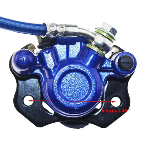 Rear And Front Hydraulic Brake Assembly Kit Bolt On With Caliper Master Cylinder Disc Rotor And Brake Pads For Go Kart Golf Cart ATV Blue Fits 50cc To 200cc Quad Bikes Durable Replacement Parts For Go Kart And ATV With Superior Stopping Power close-up of blue caliper with measurements