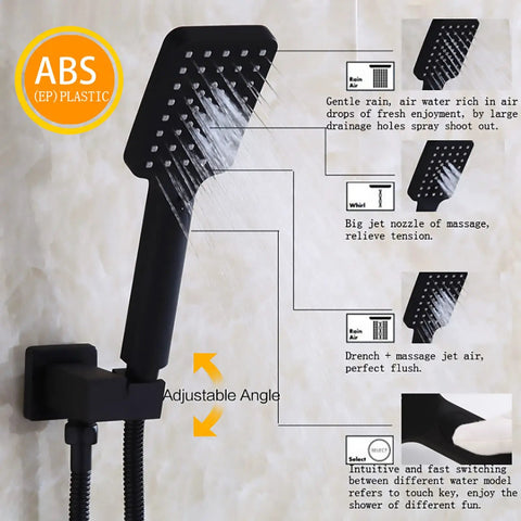Slick Black Thermostatic Shower System Featuring A Rad 12 Inch Rain Head And Three Mode Handheld Sprayer with adjustable angle.