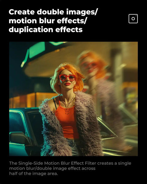 82mm Unilateral Blur Ghost Motion Filter for Camera Lens creating double image effect on woman in street scene with K9 glass.