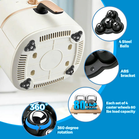 Bottom view of Self Adhesive Mini Swivel Caster Wheels For Furniture on appliance, showing steel balls and ABS bracket, 360° rotation.