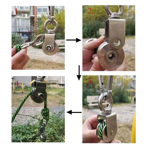 Beefy V Type Swivel Pulley With 360 Degree Rotation Ultra Silent Detachable Duplex Bearing Stainless Steel 304 Heavy Duty Traction Wheel for Three To Ten Millimeter Wire Ropes With Sixteen Millimeter Groove Width in use.