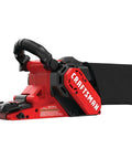 Corded 7 Amp Belt Sander Workhorse with angled 3 inch by 21 inch belt, onboard dust bag, and tool-free belt changes.