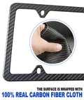 Top Shelf Real Carbon Fiber License Plate Frame With Heavy Duty Stainless Steel Core And High Gloss UV Coating close-up of 100% real carbon fiber cloth surface.