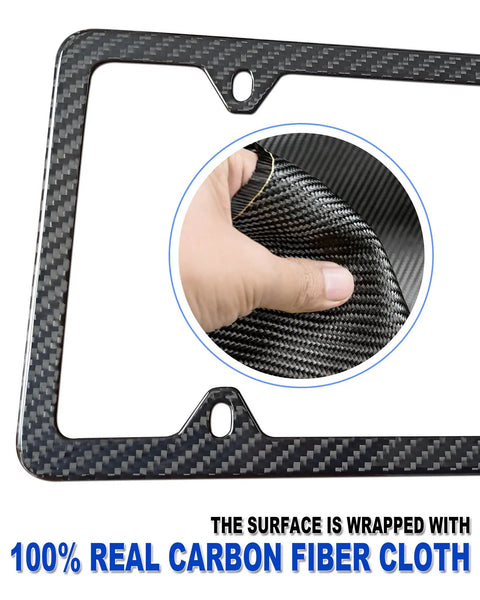 Top Shelf Real Carbon Fiber License Plate Frame With Heavy Duty Stainless Steel Core And High Gloss UV Coating close-up of 100% real carbon fiber cloth surface.