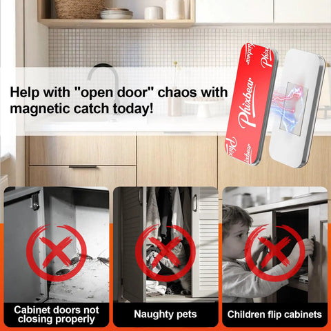 Ultra Thin Cabinet Door Magnets 4 Pack No Drill Stainless Steel Magnetic Latches Stick On Strong Adhesive For Kitchen Cabinets Bathrooms Closets And RV Drawers Seamless Hidden Closures preventing cabinet chaos with text overlay