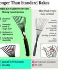 Comparison of a Two Pack Garden Hand Rake With Durable Steel Tines Small Shrub Rake With Ergonomic Non Slip Handle and a weaker rake